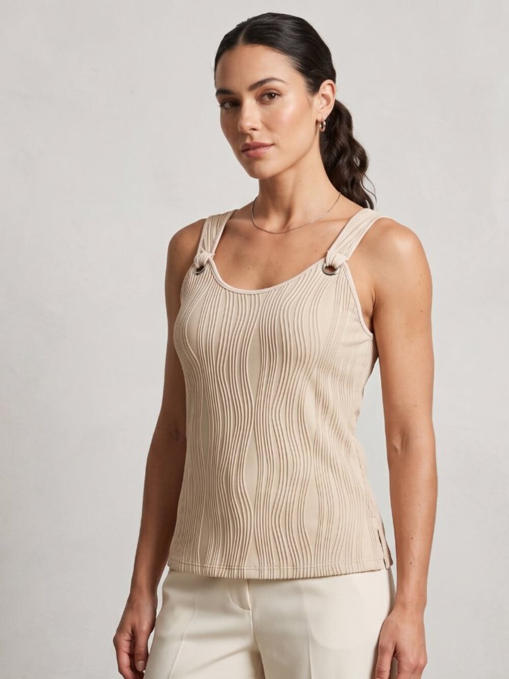 NWT Beige Textured Sleeveless Tank Top with Ring Strap Detail - Size Medium
